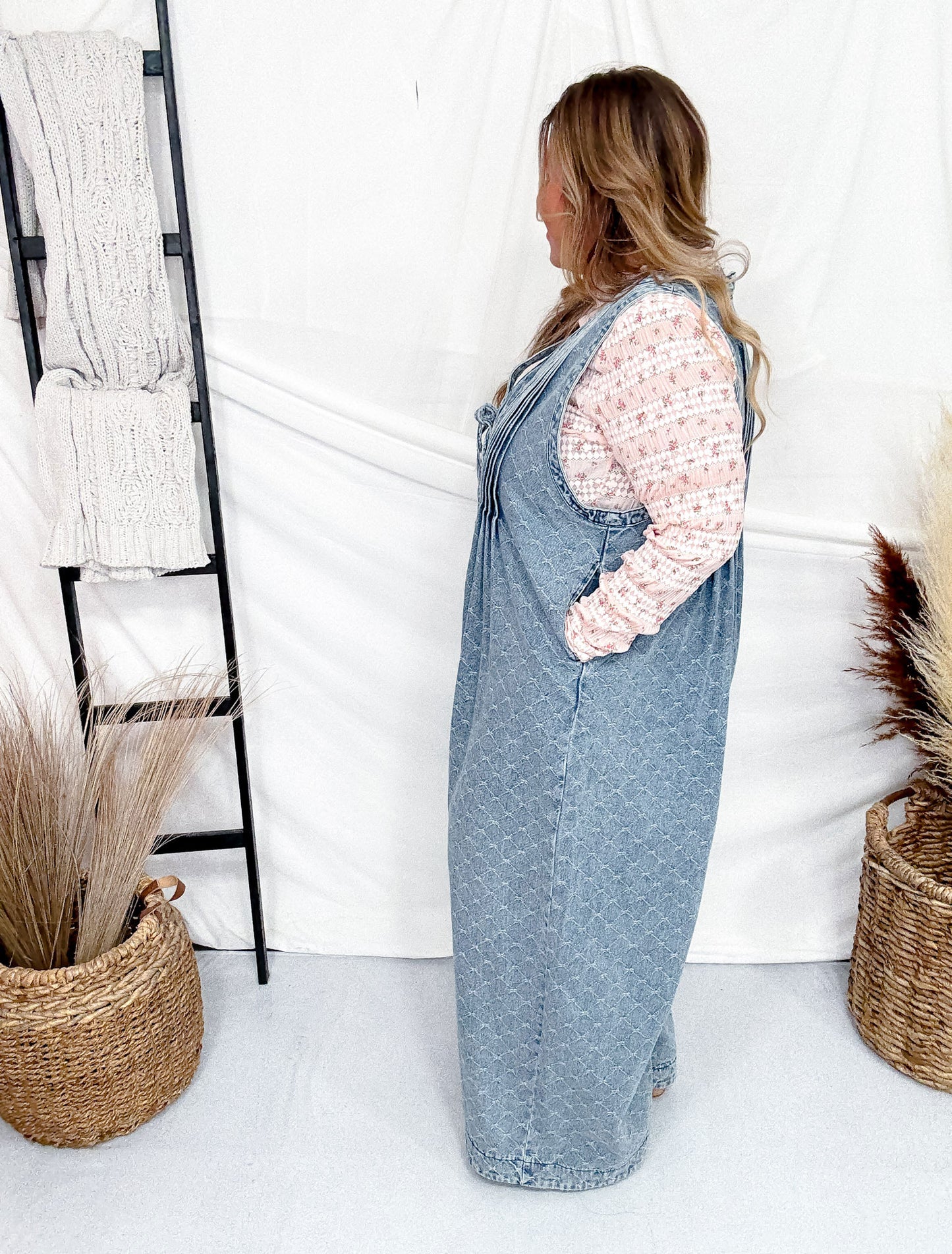 Bow Texture Denim Pintuck Jumpsuit W/ Side Pockets