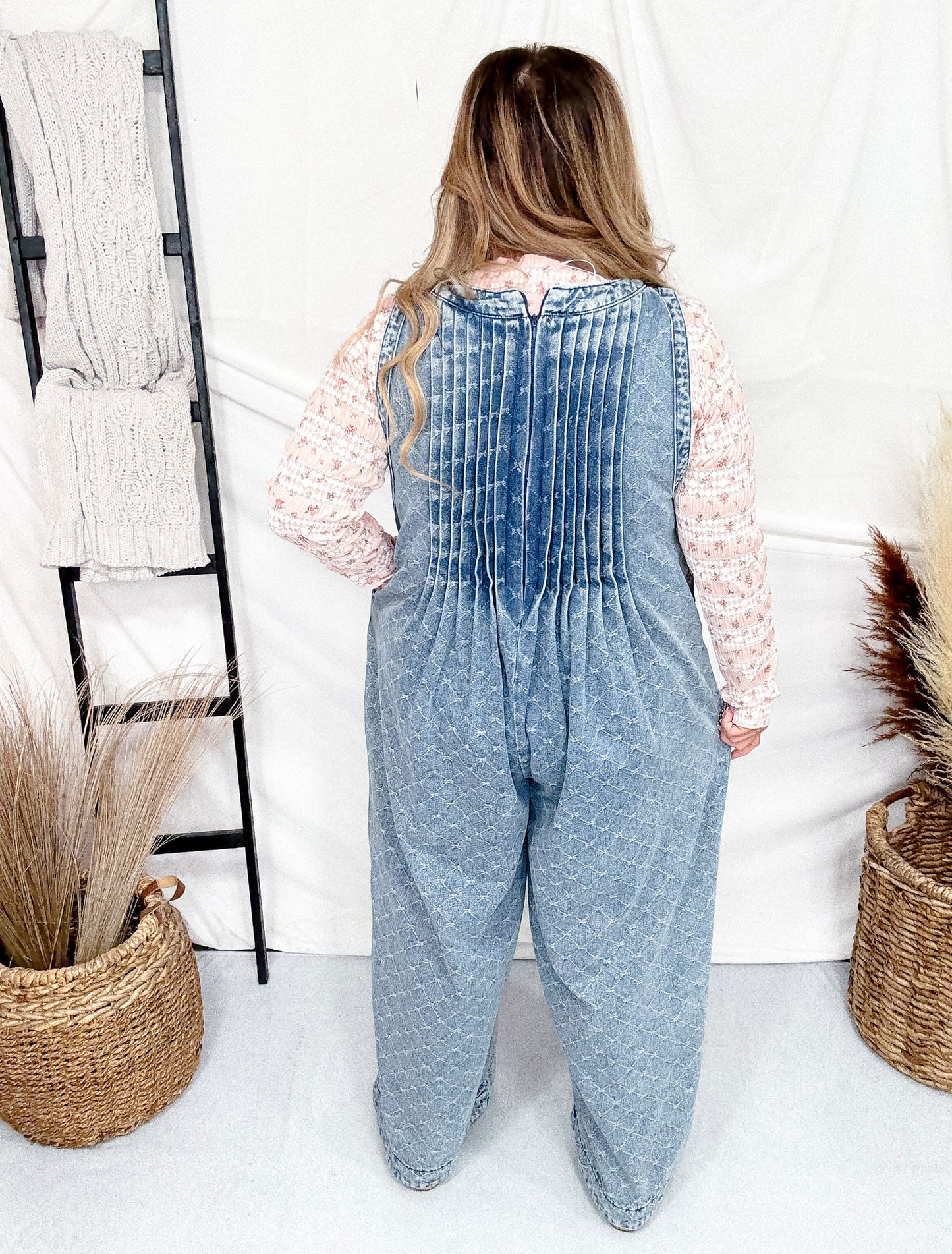 Bow Texture Denim Pintuck Jumpsuit W/ Side Pockets