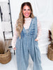 Bow Texture Denim Pintuck Jumpsuit W/ Side Pockets