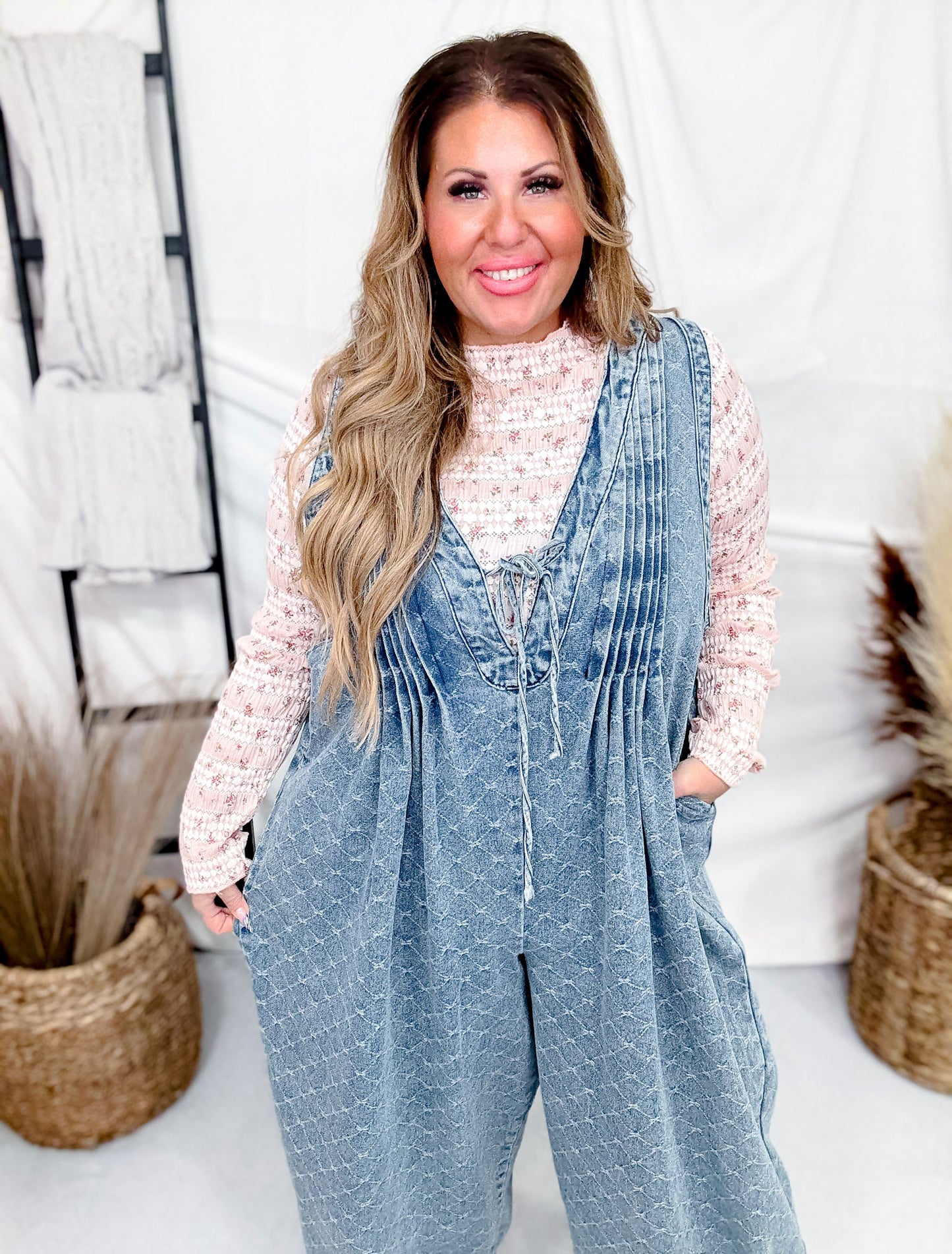 Bow Texture Denim Pintuck Jumpsuit W/ Side Pockets