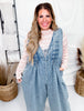 Bow Texture Denim Pintuck Jumpsuit W/ Side Pockets