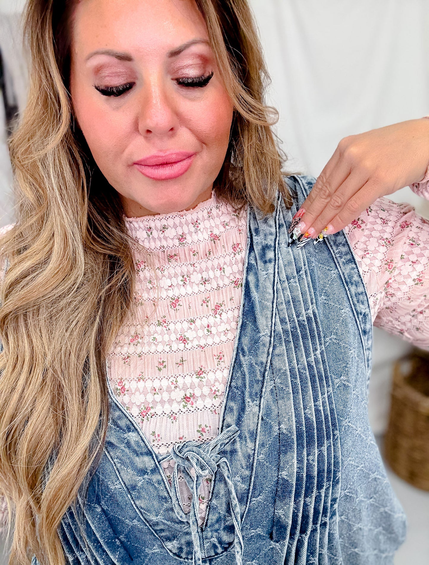 Bow Texture Denim Pintuck Jumpsuit W/ Side Pockets