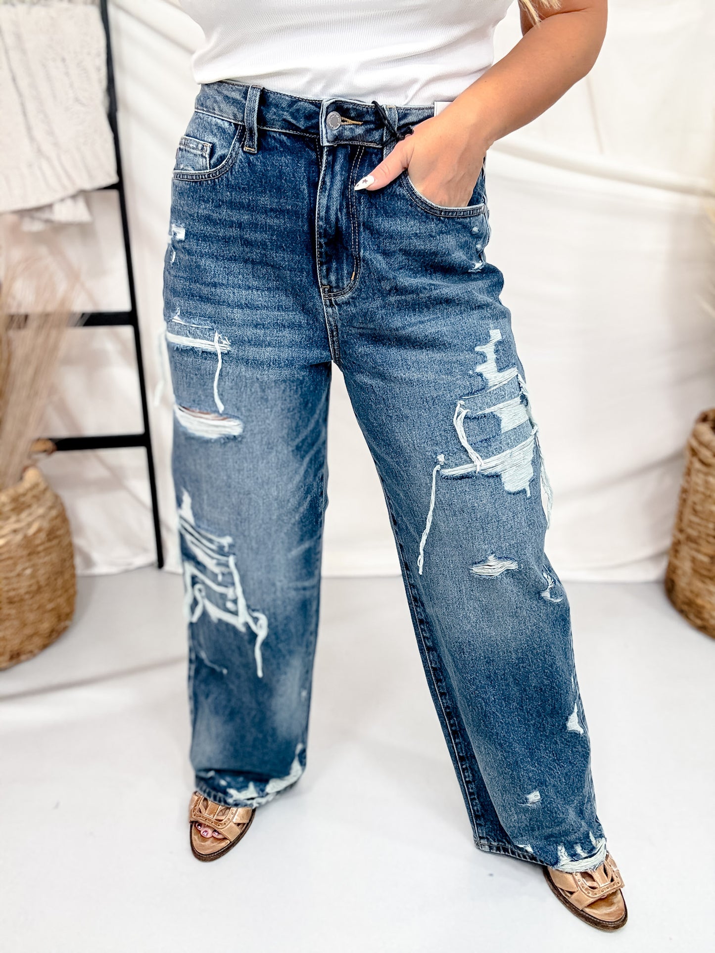 Judy Blue Destroy & Repair Baggy Wide Leg Jeans