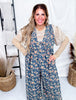Denim Ditsy Print Pintuck Jumpsuit W/ Side Pockets