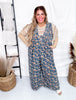 Denim Ditsy Print Pintuck Jumpsuit W/ Side Pockets