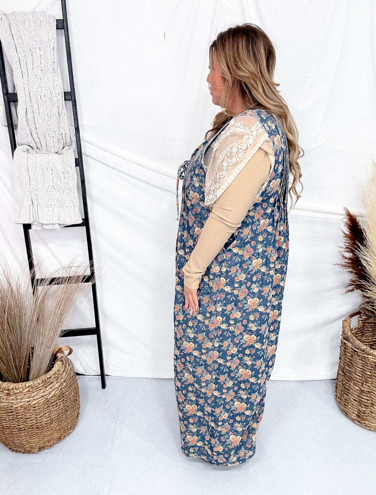 Denim Ditsy Print Pintuck Jumpsuit W/ Side Pockets