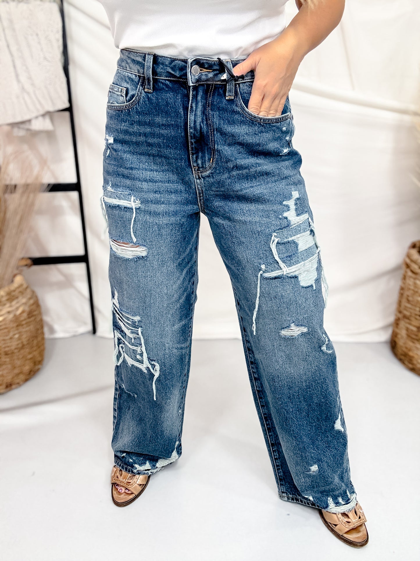 Judy Blue Destroy & Repair Baggy Wide Leg Jeans