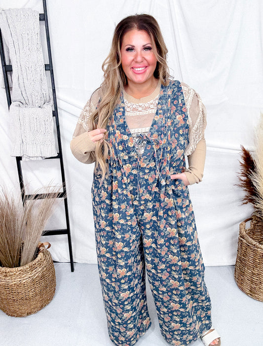 Denim Ditsy Print Pintuck Jumpsuit W/ Side Pockets