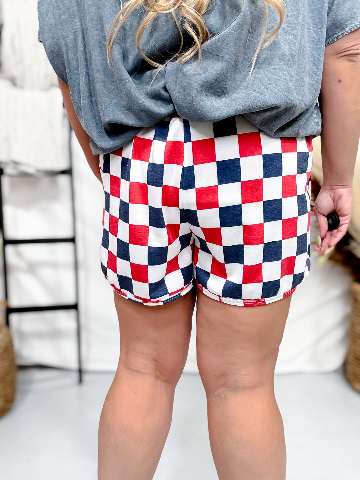 Navy & Red Drawstring Checkered Shorts