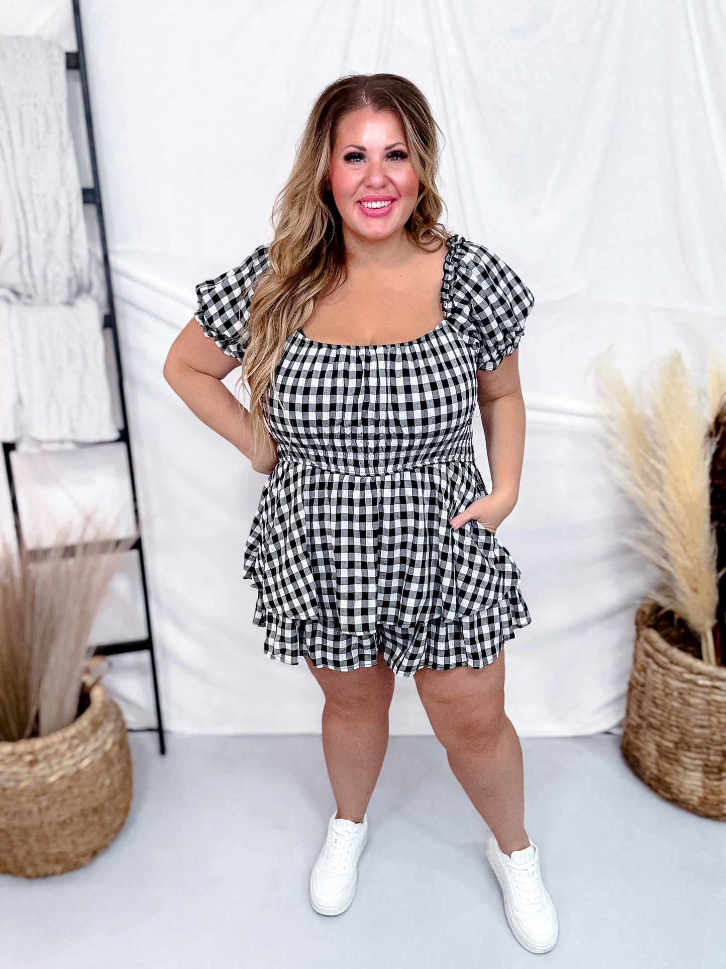 Black & White Gingham Print Puff Short Sleeve Romper