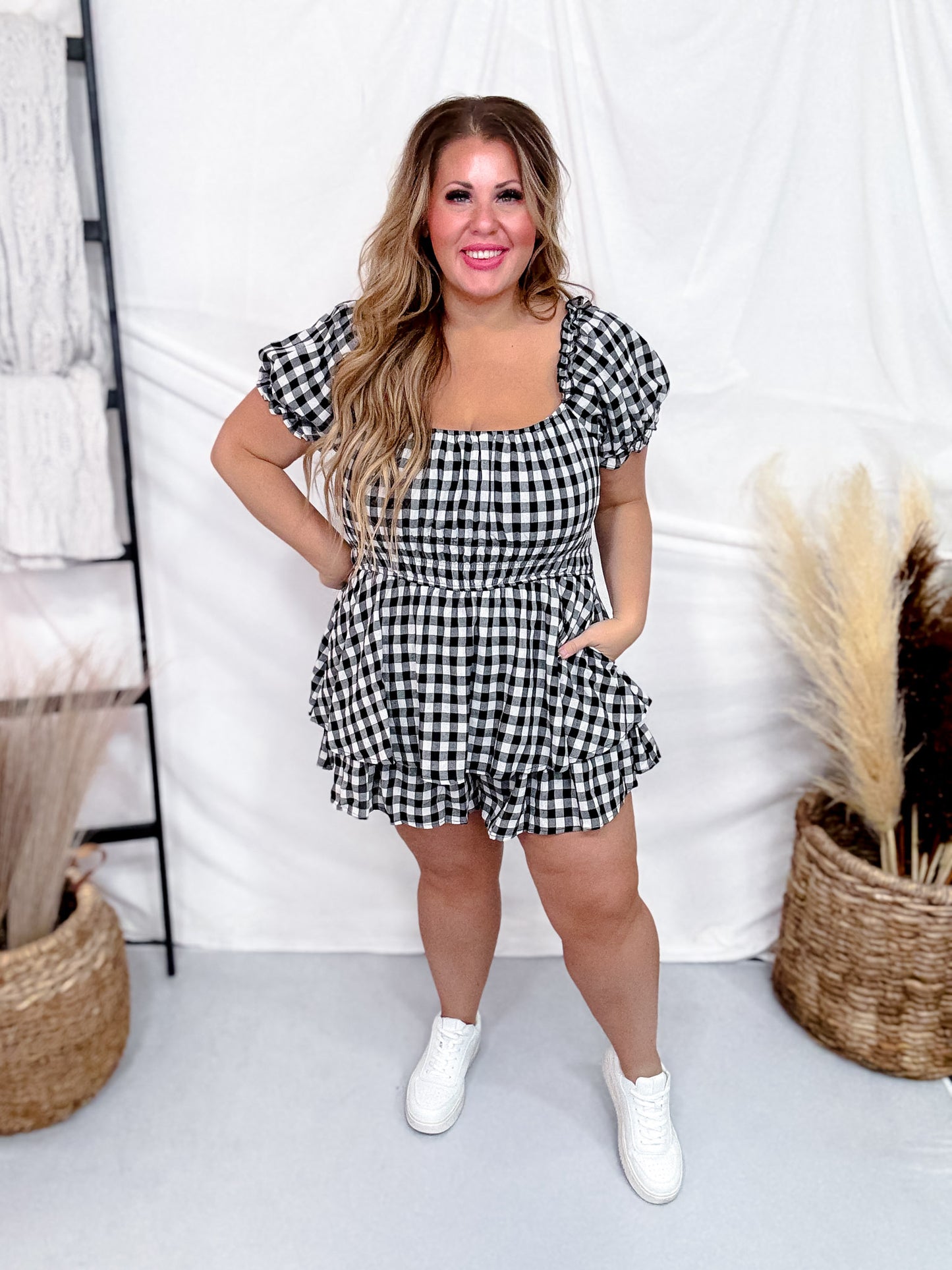 Black & White Gingham Print Puff Short Sleeve Romper