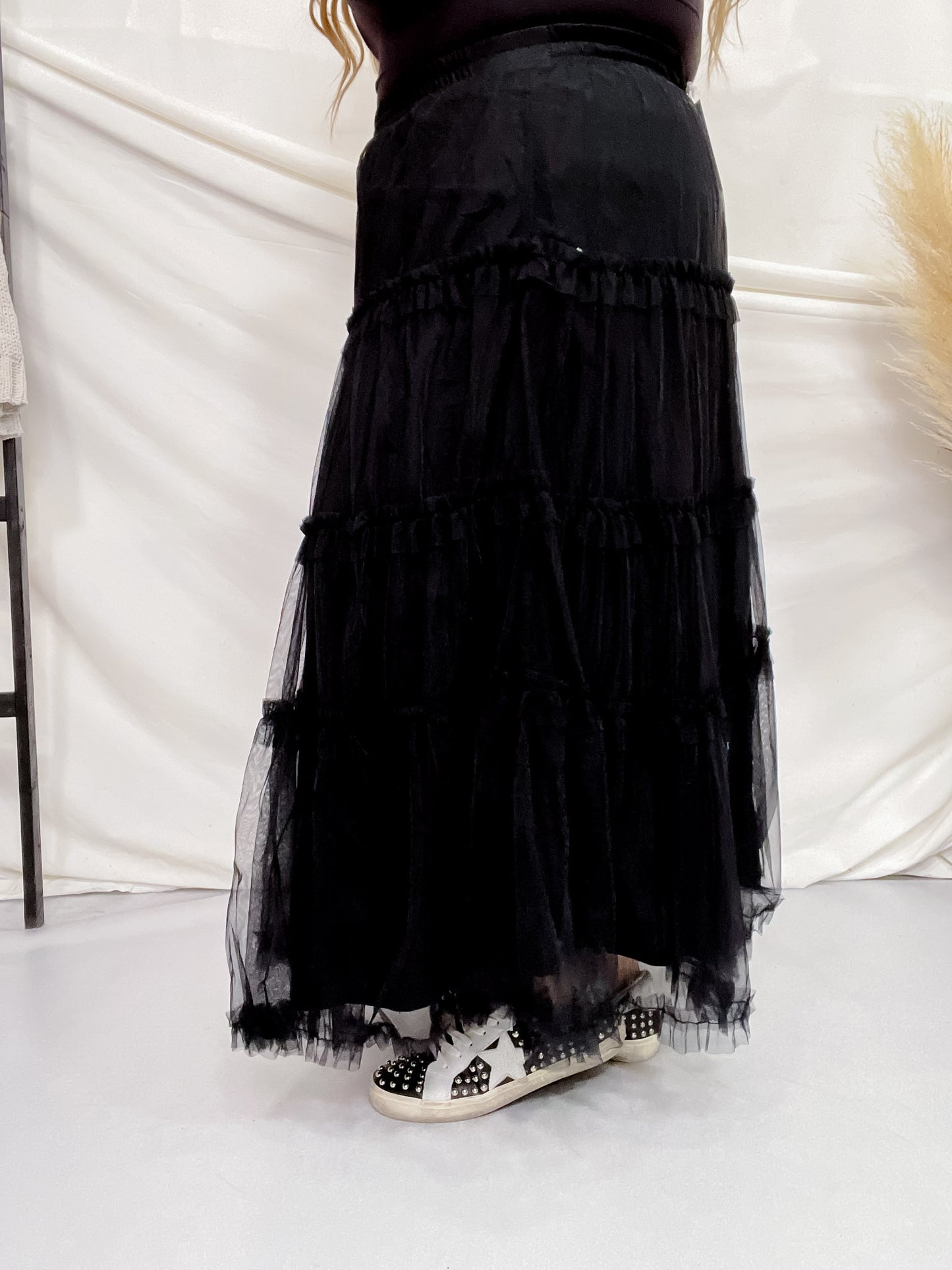 Black Tulle Mesh Ruffle Midi Skirt FINAL SALE
