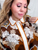 Retro Mocha Floral Print Blouse With Contrasting Trim