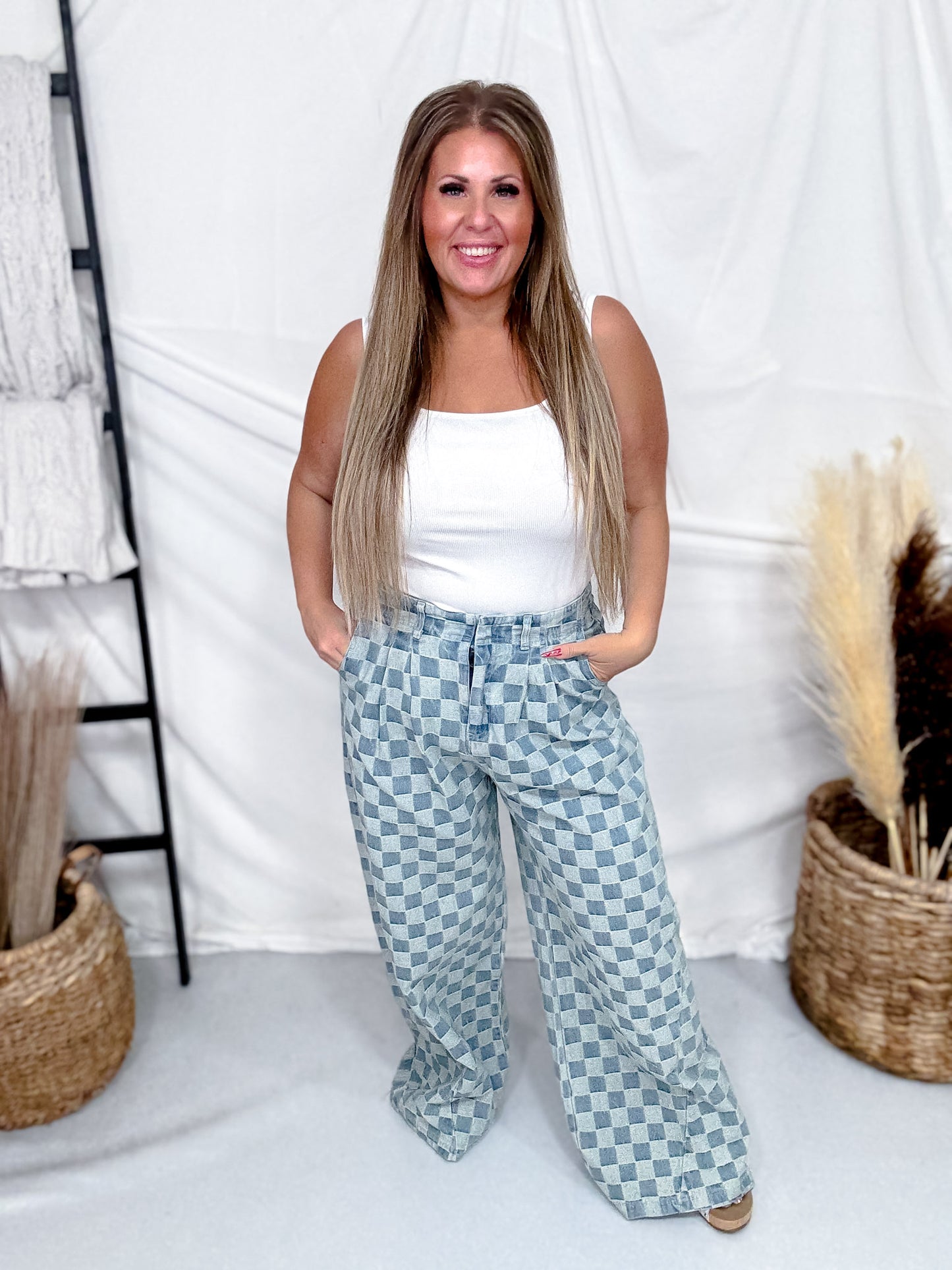 Mid Rise Wide Leg Checkered Denim Pants