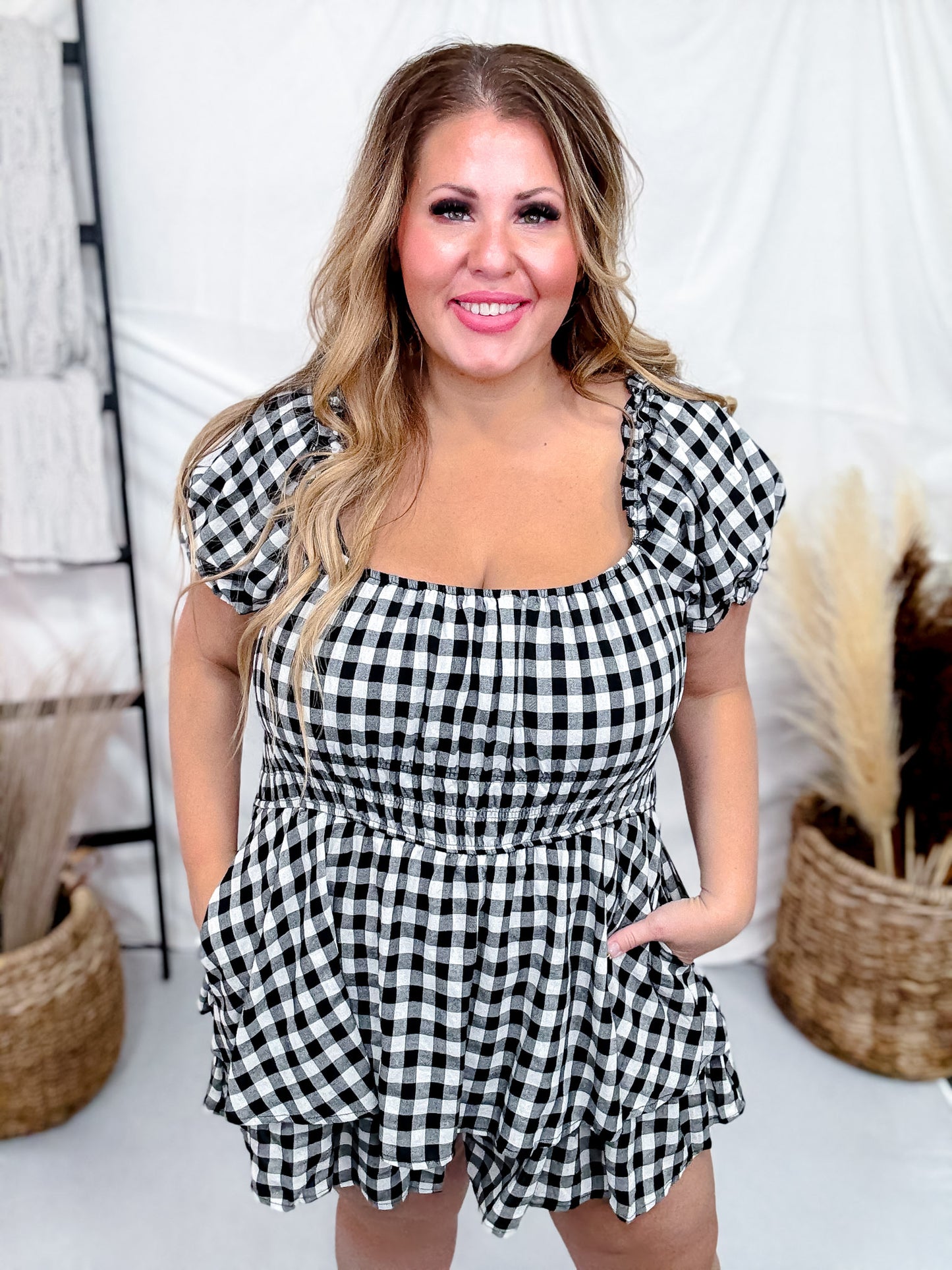 Black & White Gingham Print Puff Short Sleeve Romper