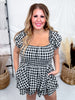 Black & White Gingham Print Puff Short Sleeve Romper