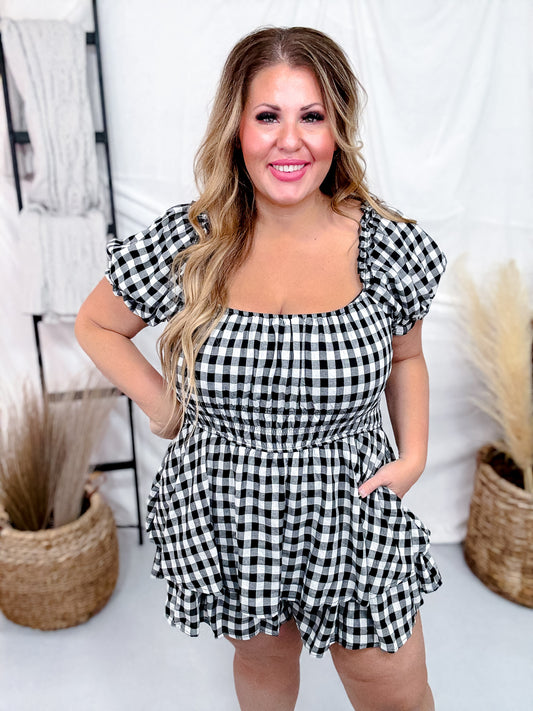 Black & White Gingham Print Puff Short Sleeve Romper