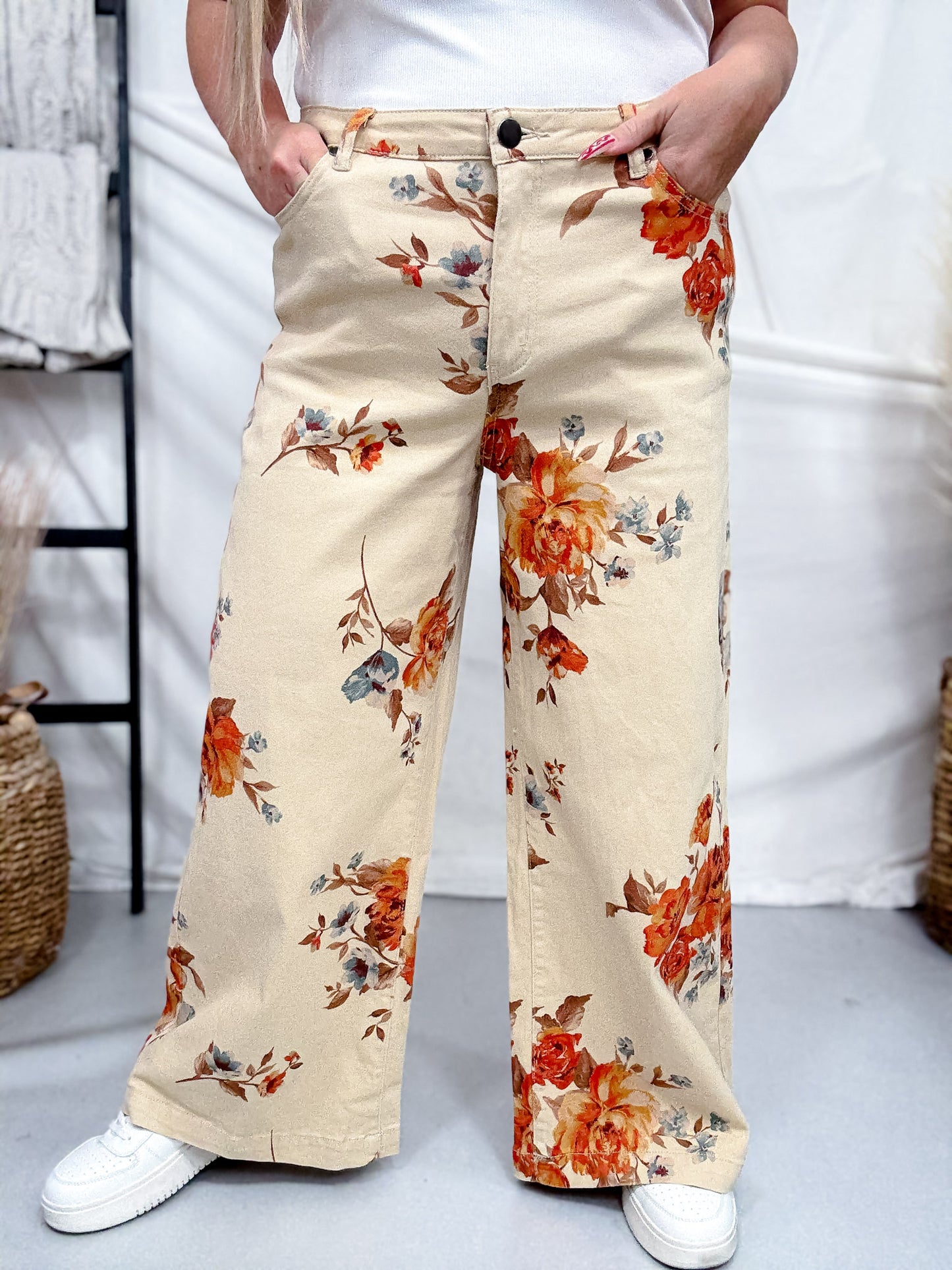 Rust Floral Print High Waist Wide Leg Khaki Pants