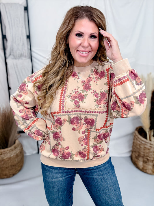 Floral Print Washed Terry Long Sleeve Pullover