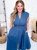 Drop Shoulder Denim Blue Front Zip Midi Dress