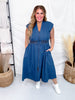 Drop Shoulder Denim Blue Front Zip Midi Dress