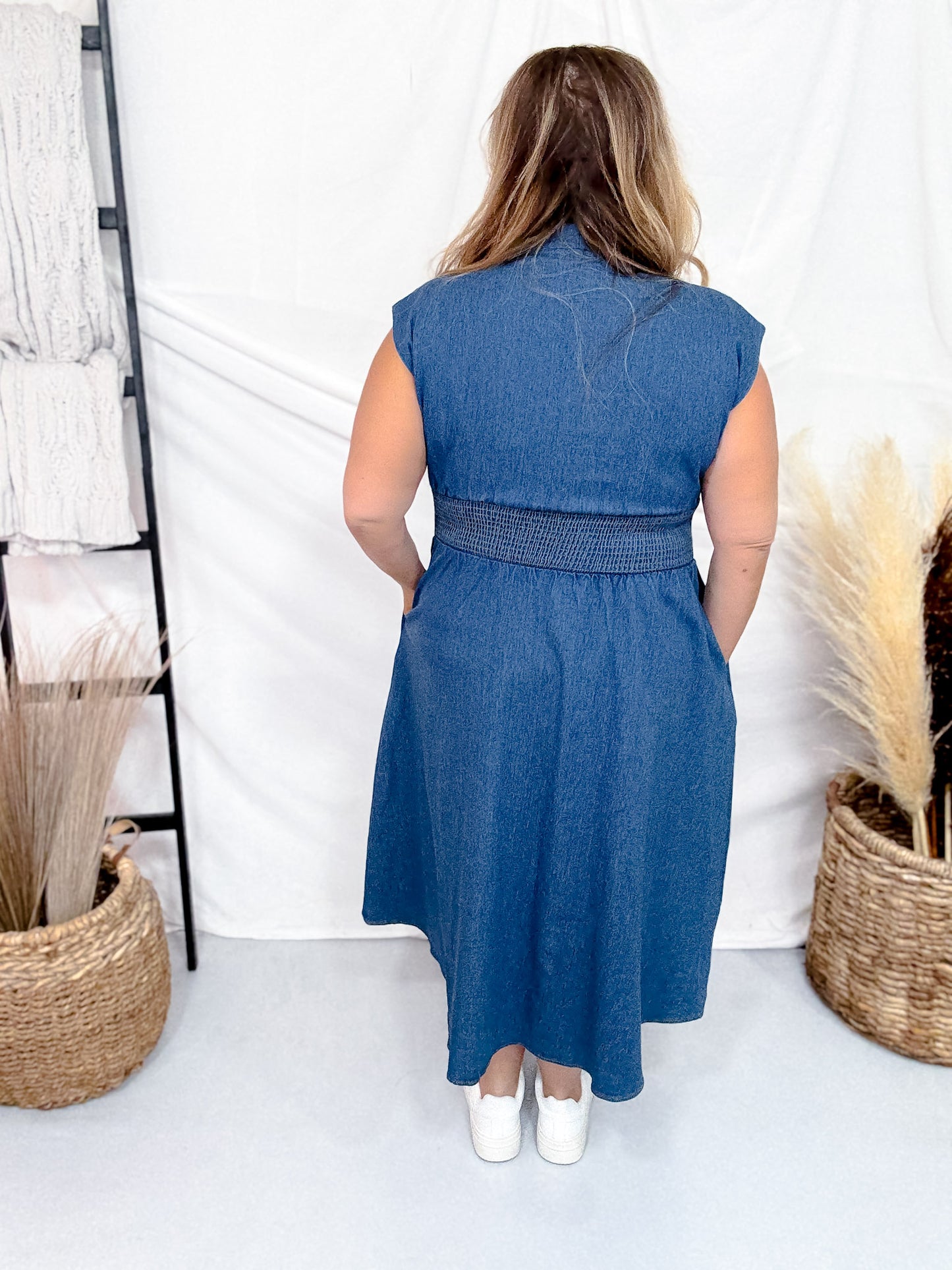 Drop Shoulder Denim Blue Front Zip Midi Dress