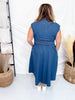 Drop Shoulder Denim Blue Front Zip Midi Dress