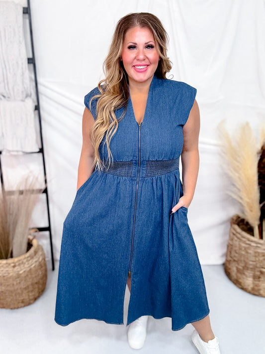 Drop Shoulder Denim Blue Front Zip Midi Dress