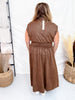 Brown Smocked Waist Twill Suede Shirt Dress