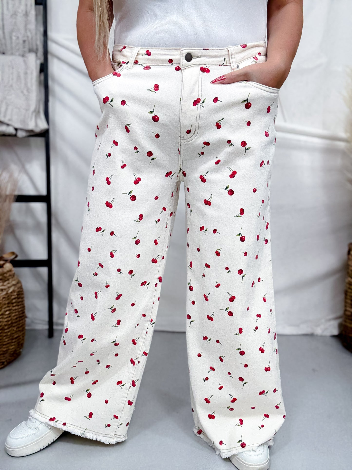 Cherry Print High Waist Straight Wide Leg Twill Pants