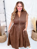 Brown Smocked Waist Twill Suede Shirt Dress
