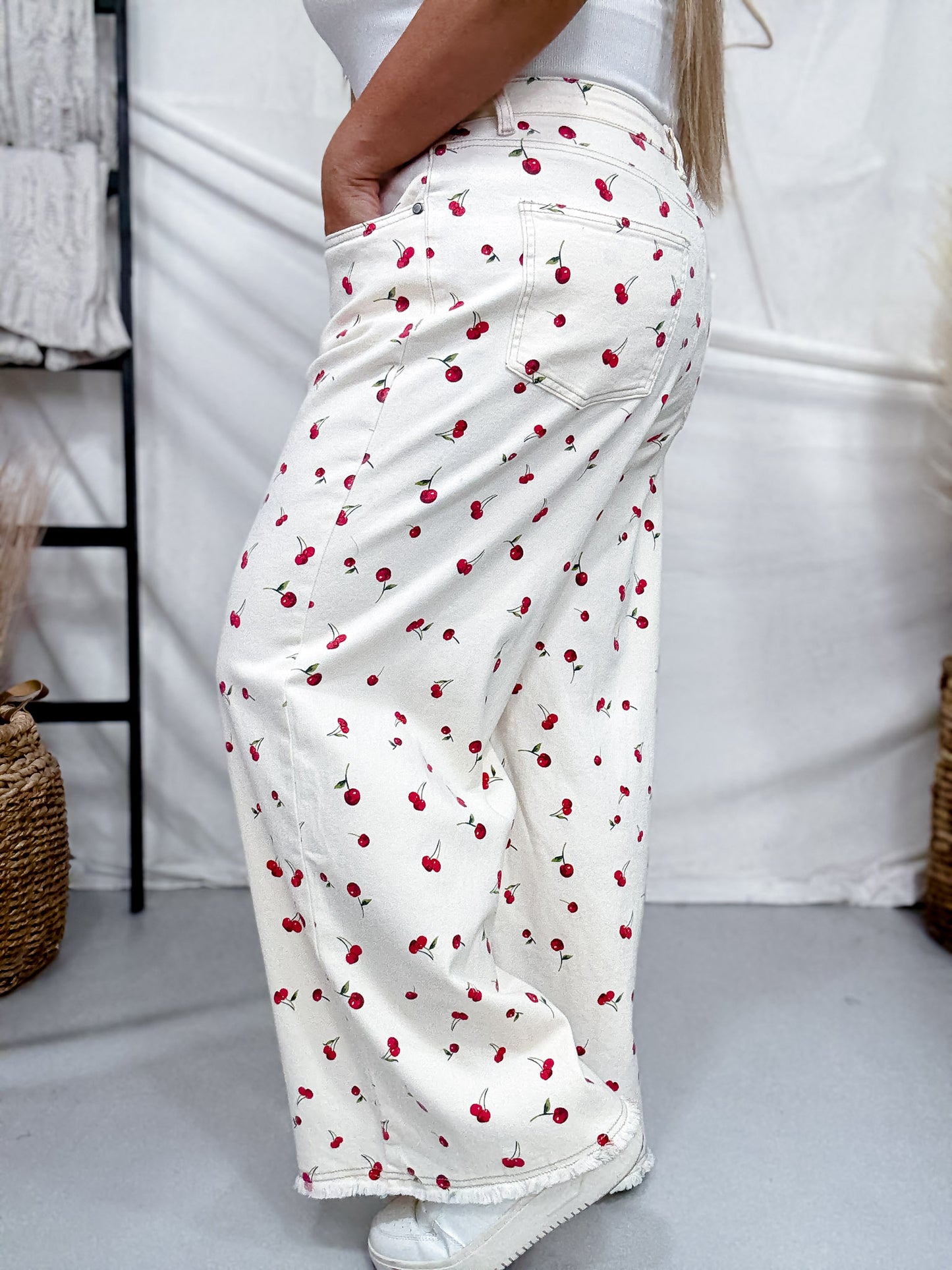 Cherry Print High Waist Straight Wide Leg Twill Pants