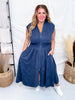 Blue Smocked Waist Twill Suede Shirt Dress