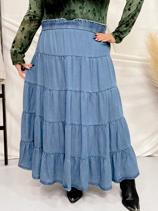 Tiered Denim Skirt with Elastic Waist