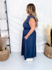 Blue Smocked Waist Twill Suede Shirt Dress