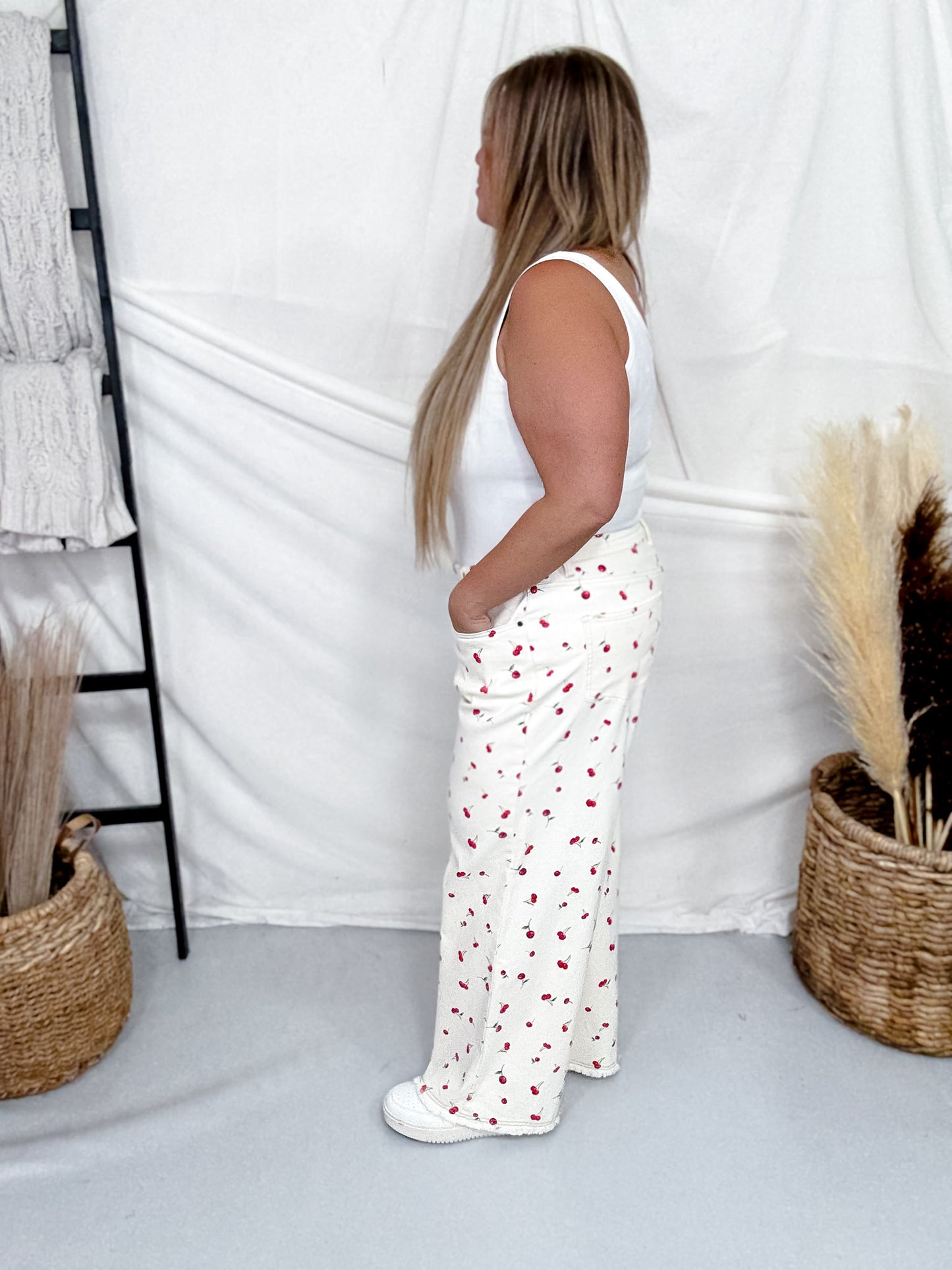 Cherry Print High Waist Straight Wide Leg Twill Pants