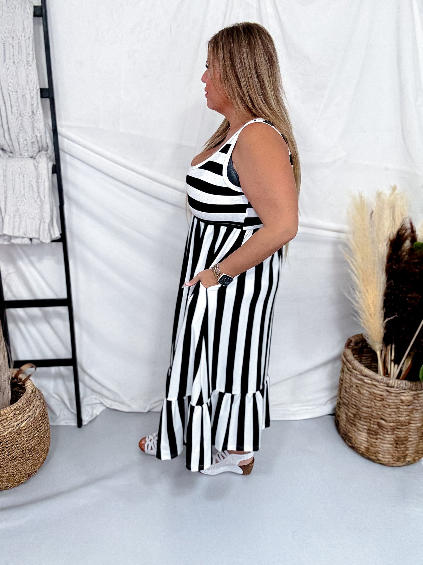 Black & White Striped Tiered Sleeveless Dress