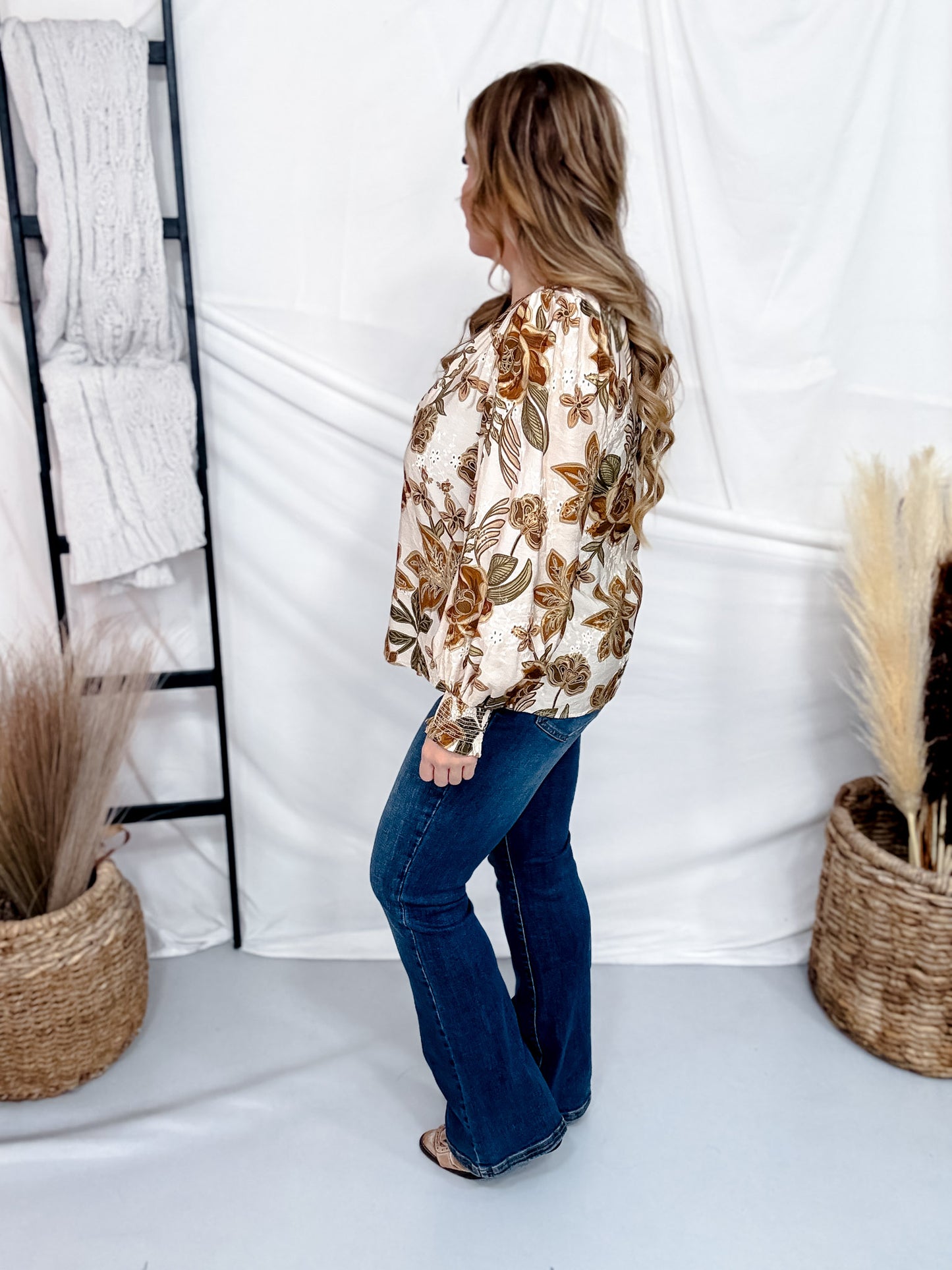 Long Sleeve Eyelet & Floral Print Top With Smocked Cuffs