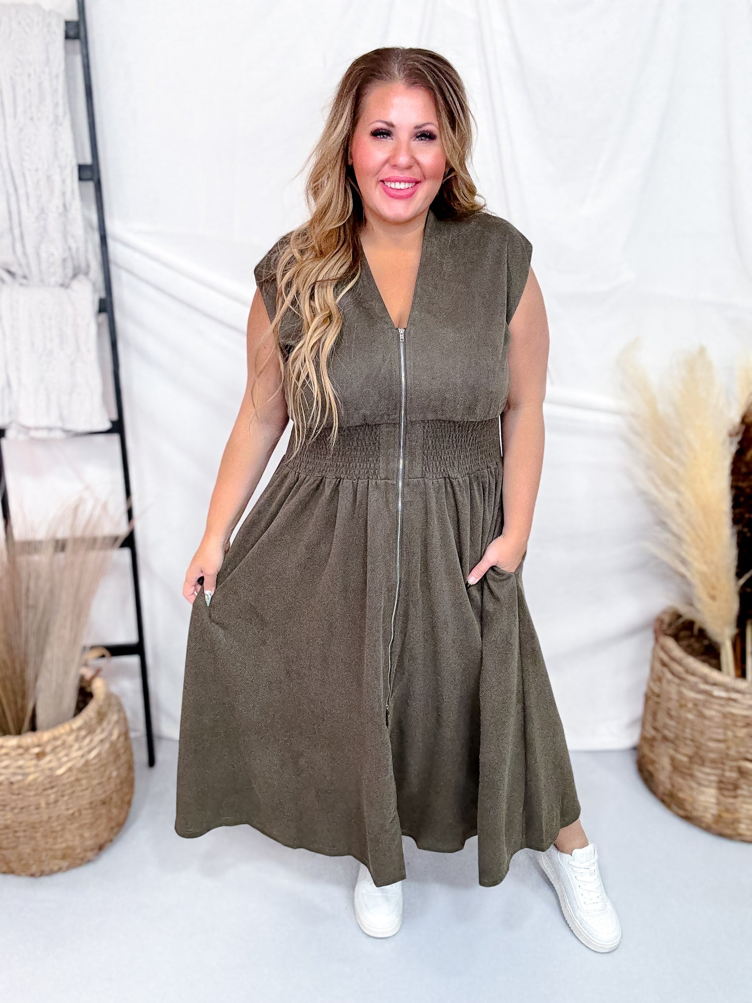 Olive Green Smocked Waist Twill Suede Shirt Dress Final Sale Olive Green Smocked Waist Twill Suede Shirt Dress Final Sale