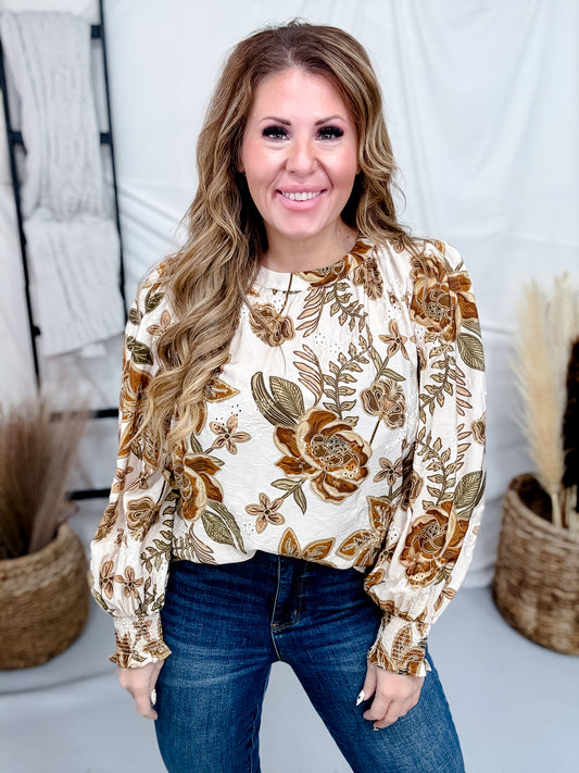 Long Sleeve Eyelet & Floral Print Top With Smocked Cuffs