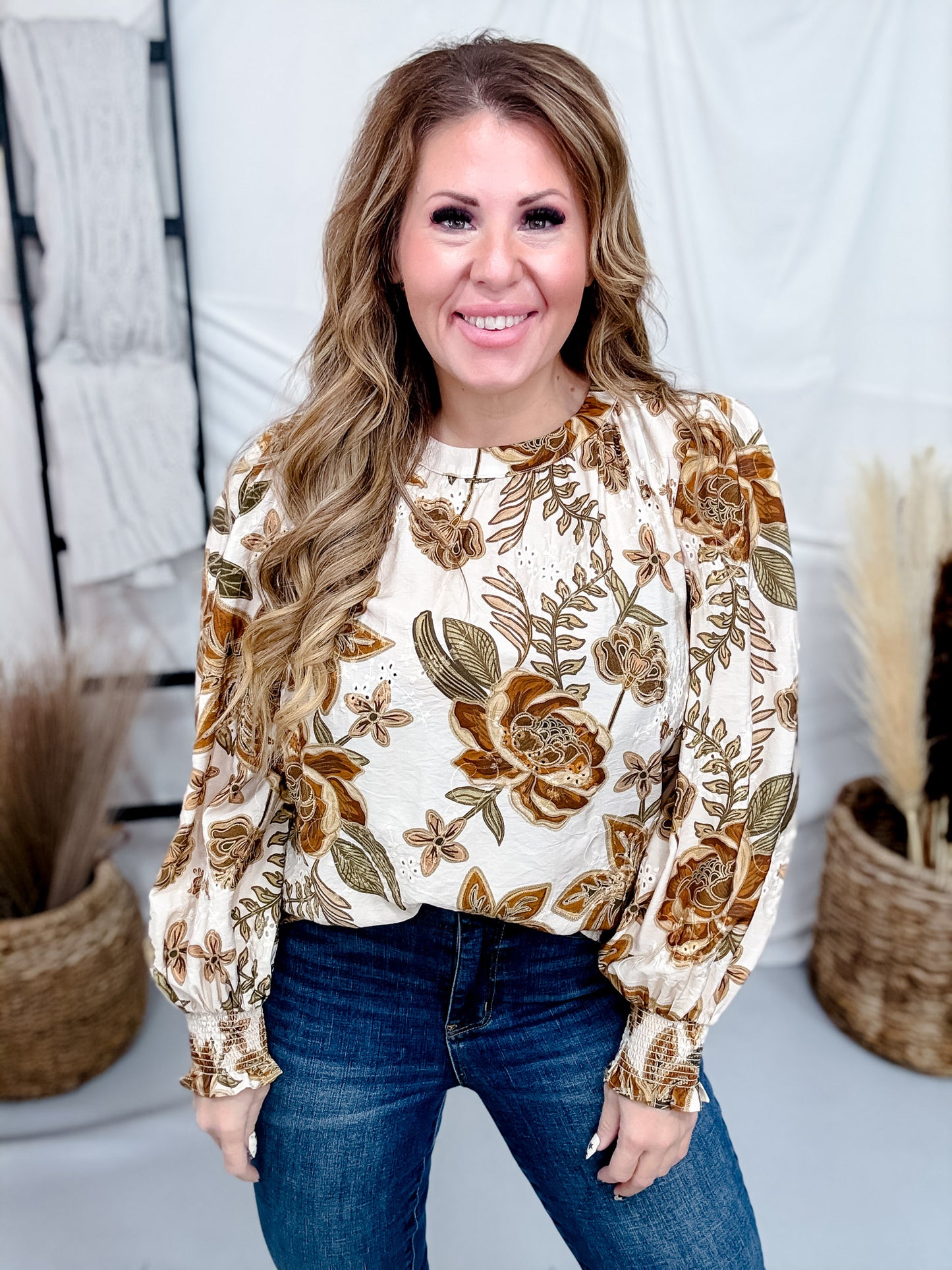 Long Sleeve Eyelet & Floral Print Top With Smocked Cuffs