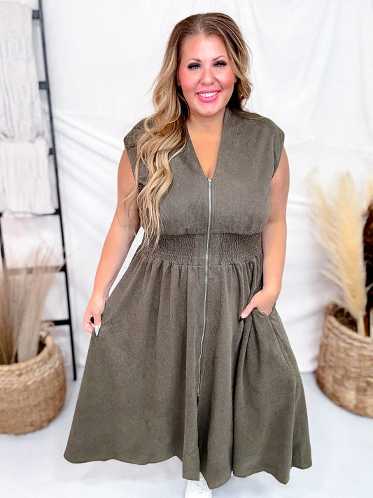 Olive Green Smocked Waist Twill Suede Shirt Dress