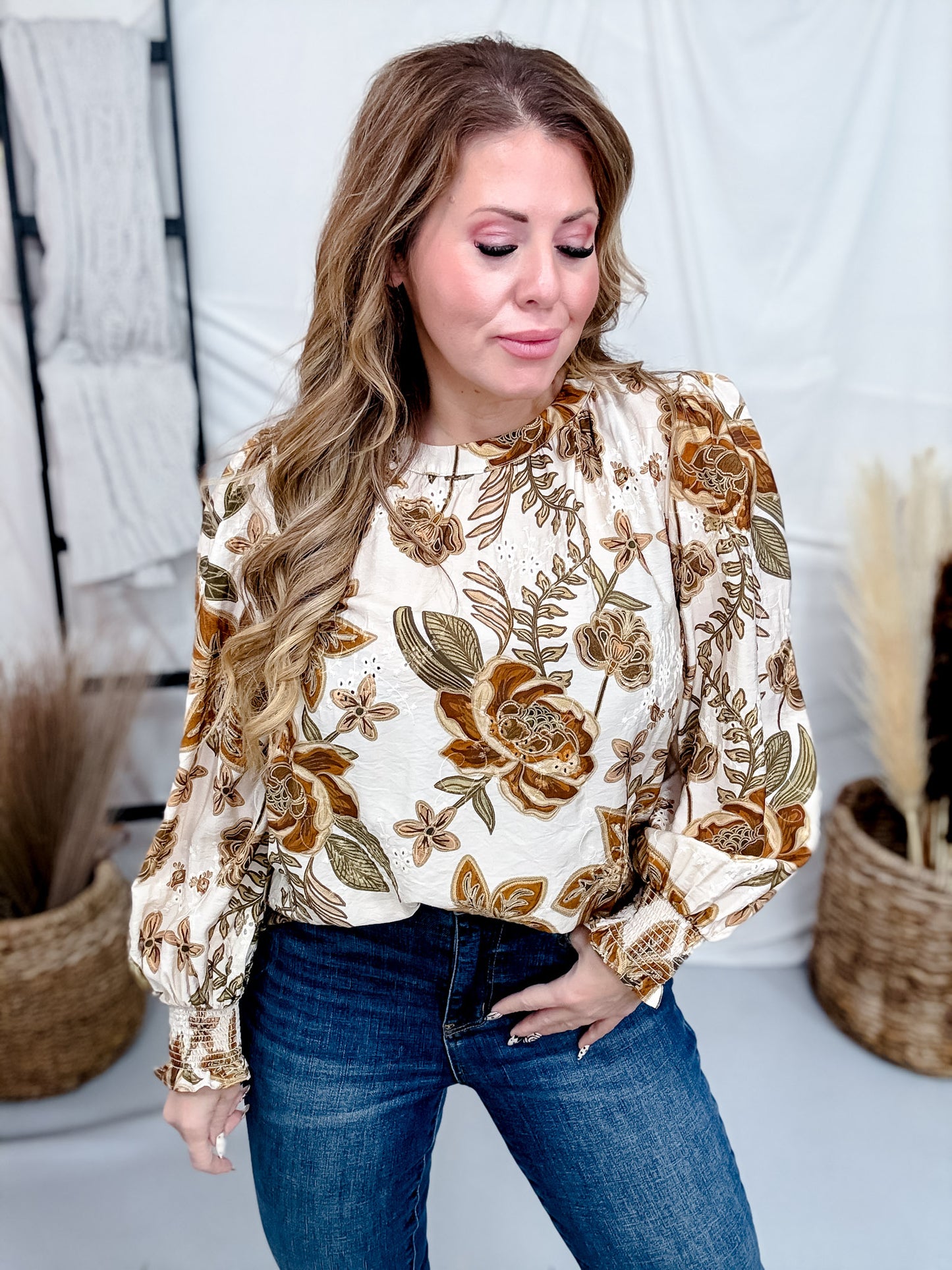 Long Sleeve Eyelet & Floral Print Top With Smocked Cuffs