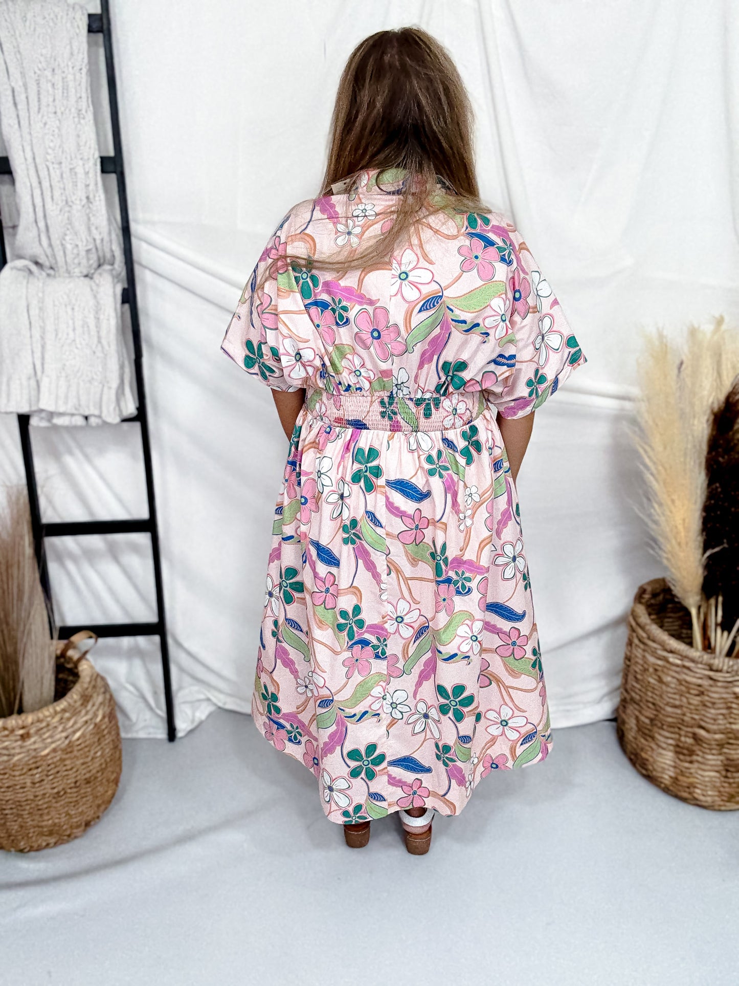 Blush Floral Print Poplin Midi Dress With Pintuck Waist