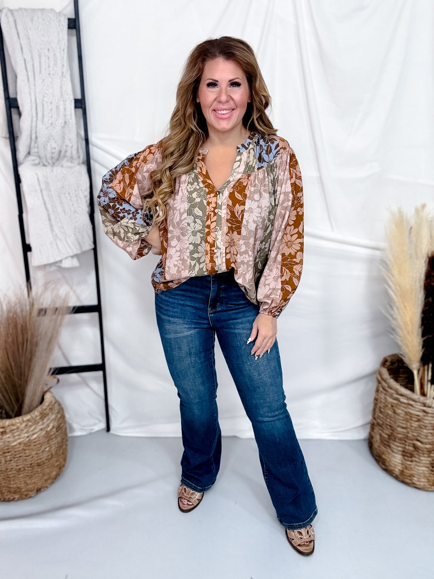 Autumn Floral Print Button Front Top With Split Neckline