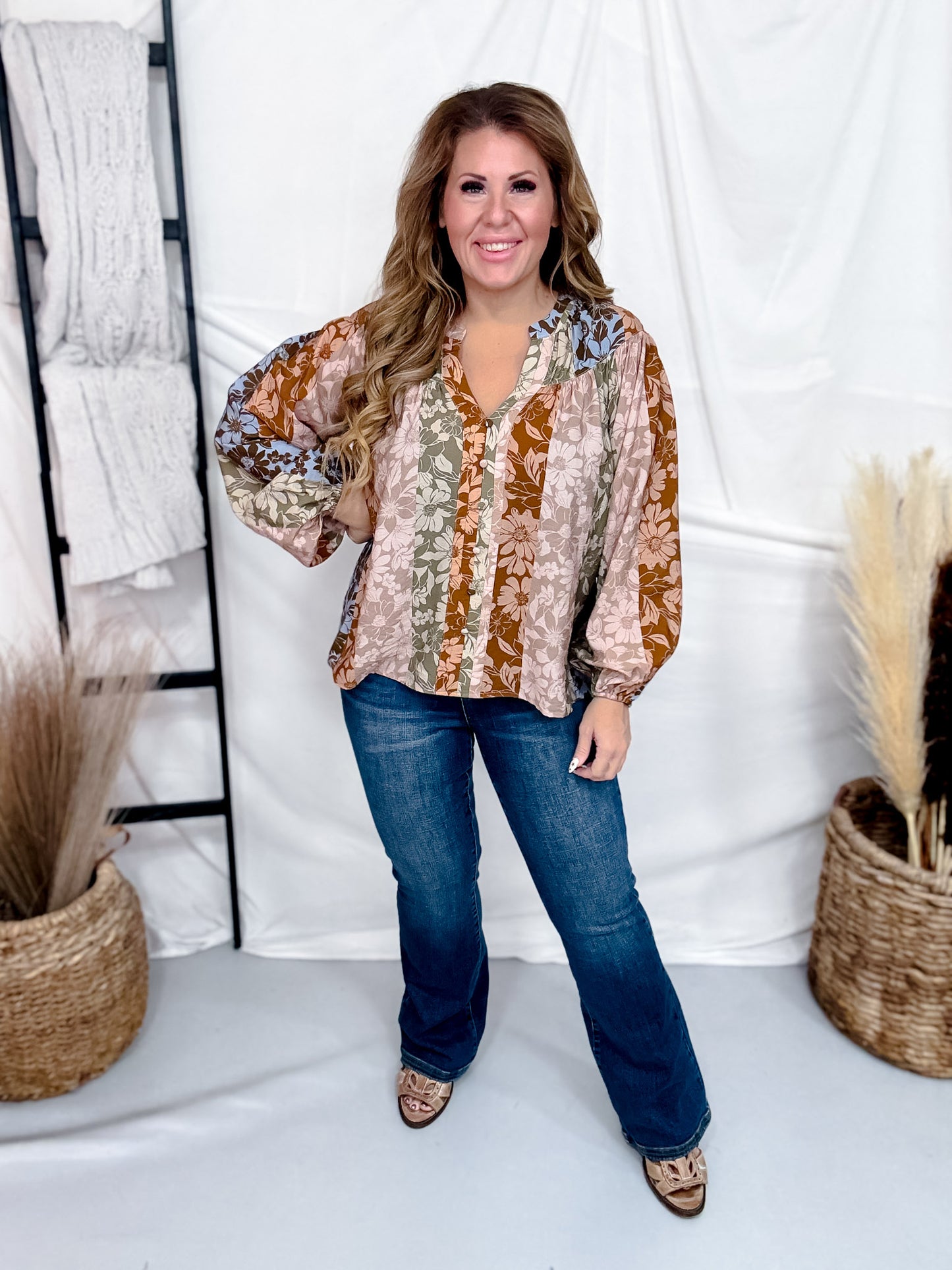 Autumn Floral Print Button Front Top With Split Neckline