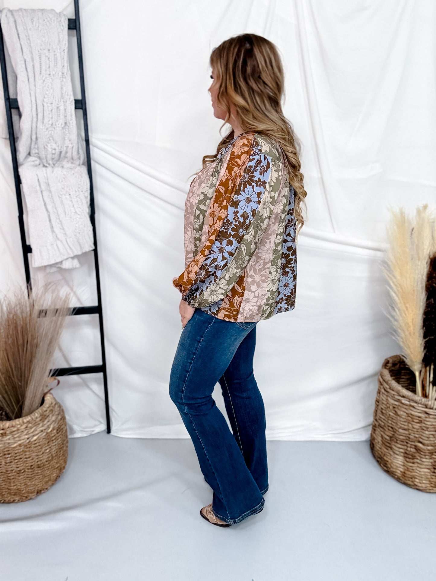 Autumn Floral Print Button Front Top With Split Neckline