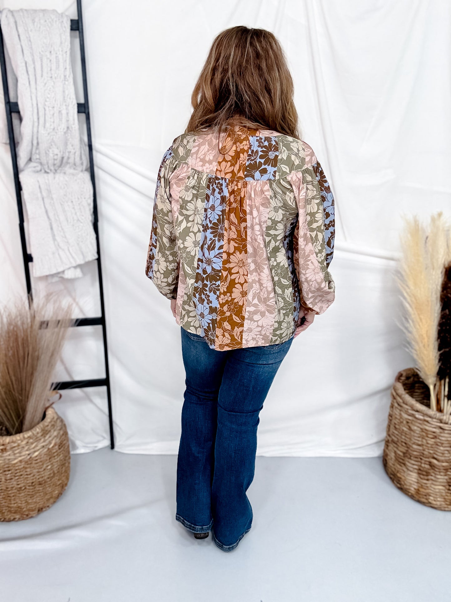 Autumn Floral Print Button Front Top With Split Neckline