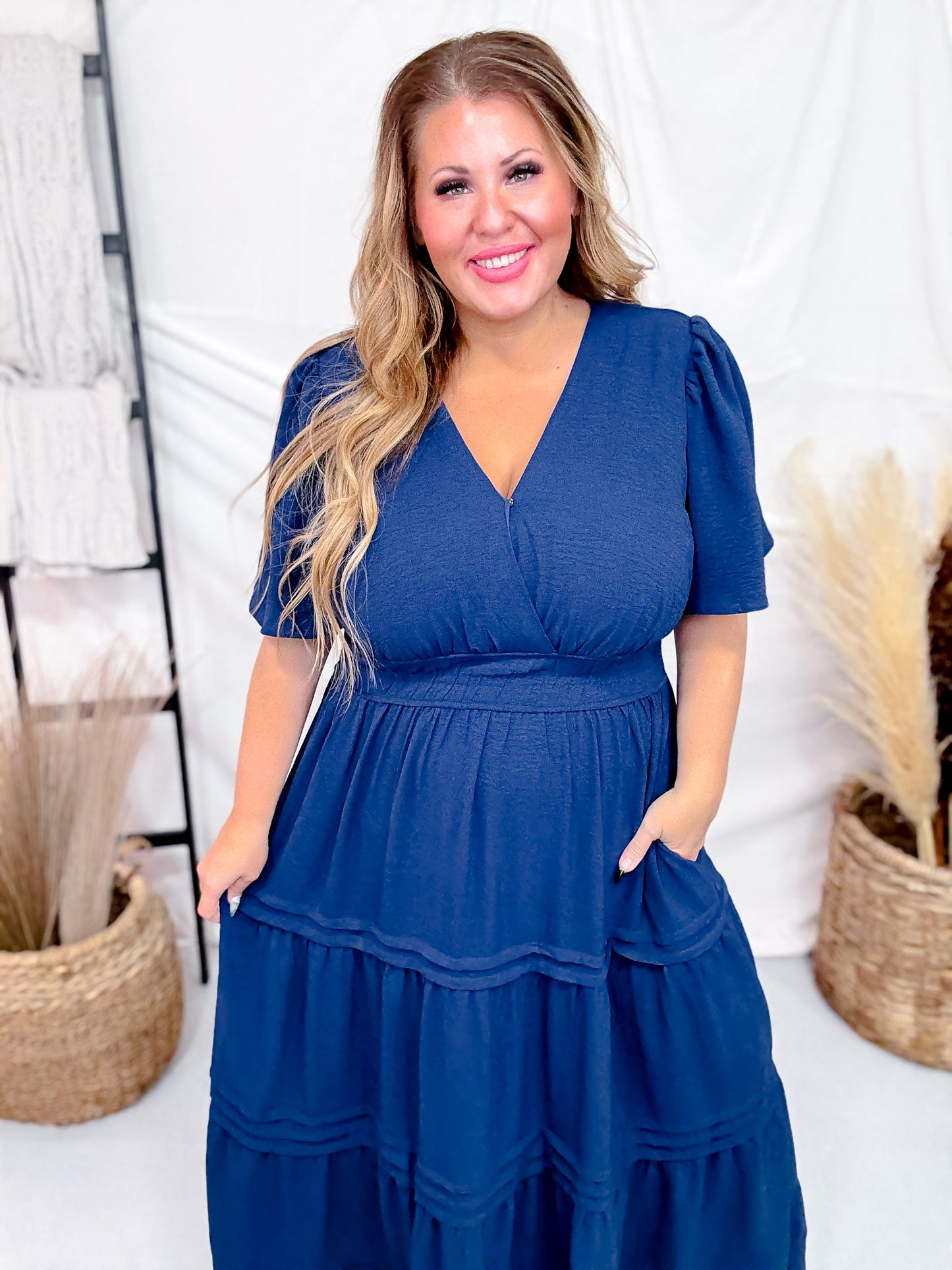 Navy Blue Short Sleeve Dress W/ Smocked Waist & Back Keyhole Closure