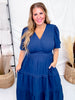 Navy Blue Short Sleeve Dress W/ Smocked Waist & Back Keyhole Closure